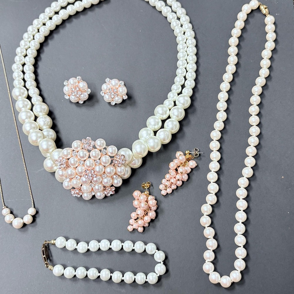 Pearl Jewelry Lot 6pc Faux Pearl Bundle | Vintage‎ Necklace Set + Earrings |